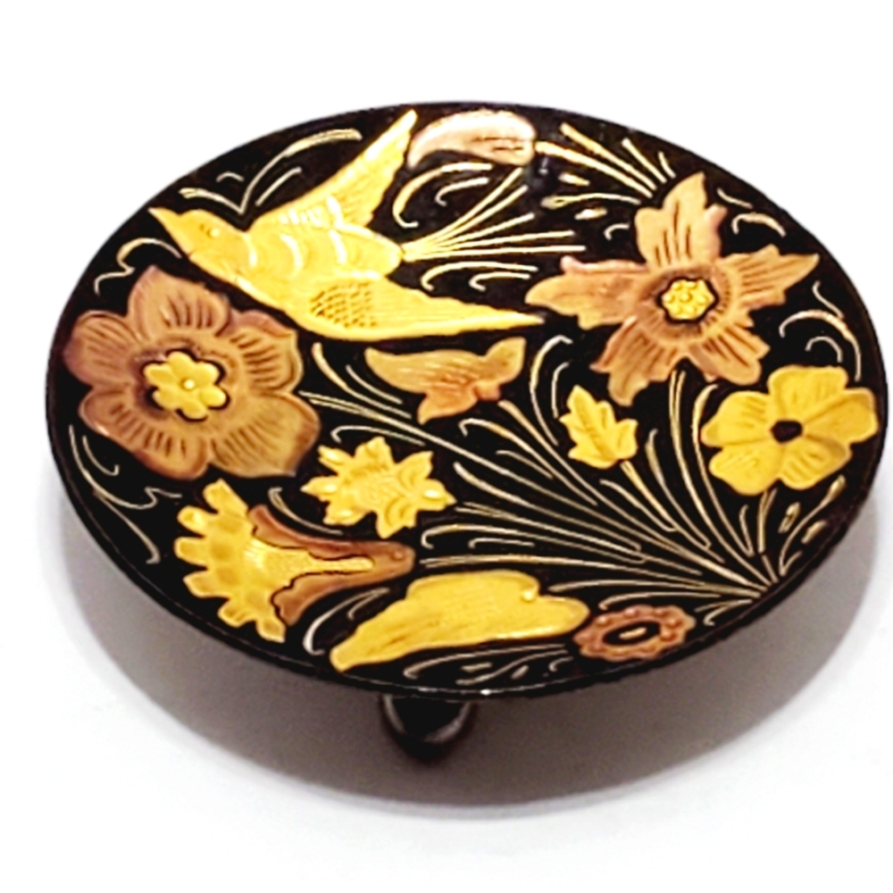 Footed Damascene Trinket Dish Blackened Stainless Steel Inlayed with Gold